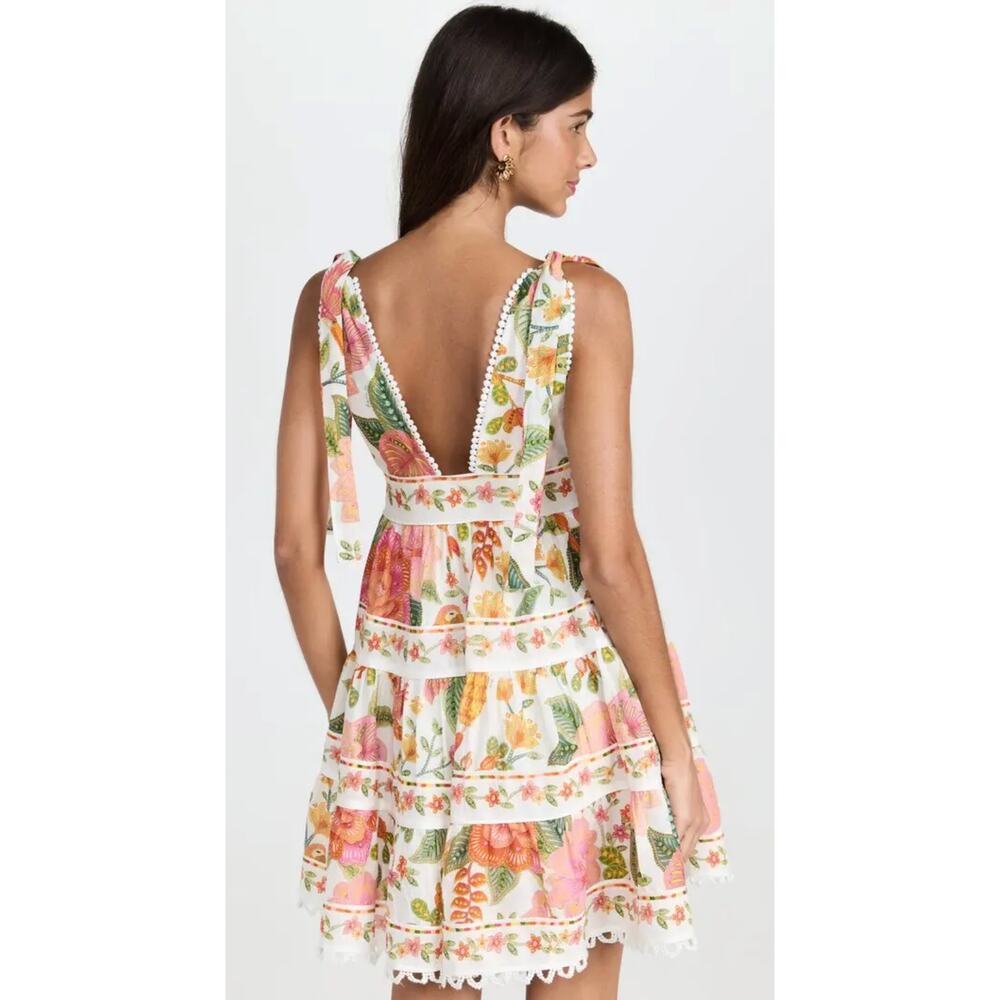 Farm Rio Dress Small Macaw Bloom Tiered Mini Sundress Crochet Boho Tropical - Picture 4 of 16